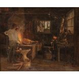 Albert Edward Hayes, British (1879-1968) "The Blacksmith's Forge," O.O.C., interior scene with