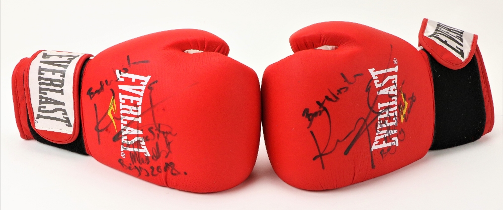 Signed by Kenneth Egan Boxing: A pair of match worn Everlast size 14 Gloves, coloured red, each