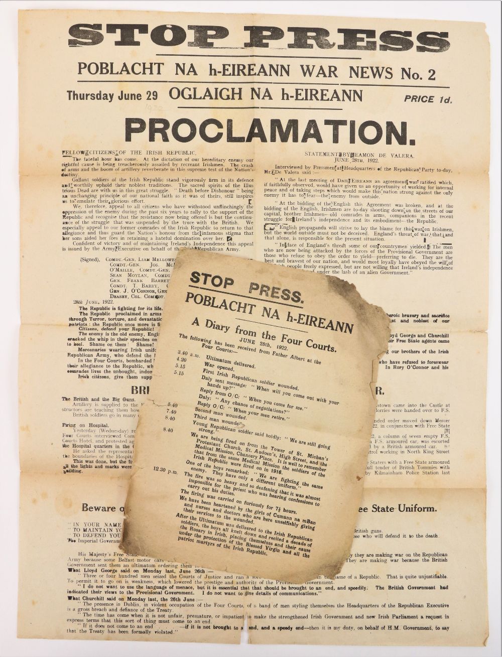 Rare Civil War Presentation Posters: [1922] Stop Press - Poblacht na hEireann, A Diary from the Four