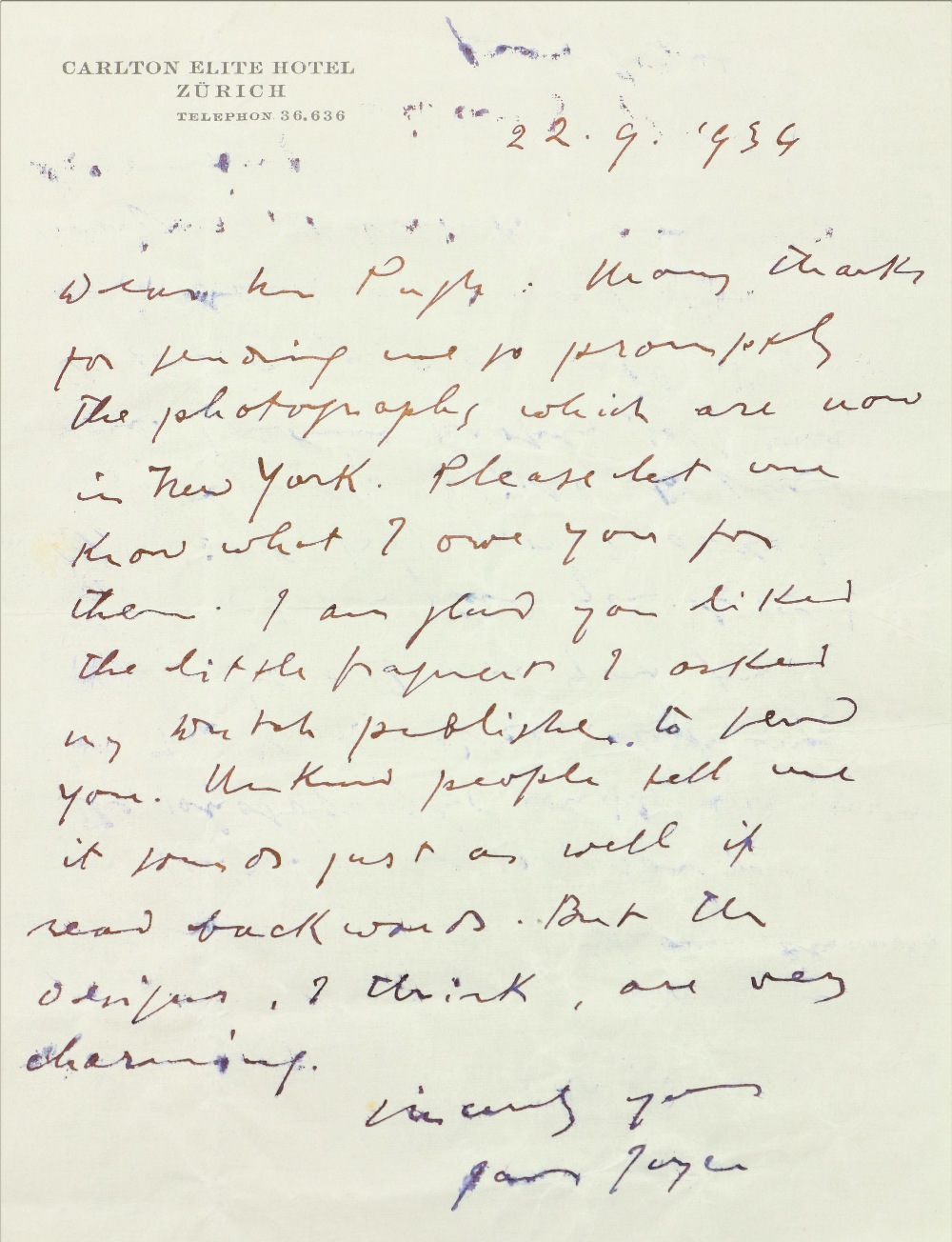 'Goes on Just as Well if Read Backwards' Joyce (James) Autograph Letter Signed to 'Dear Mr [