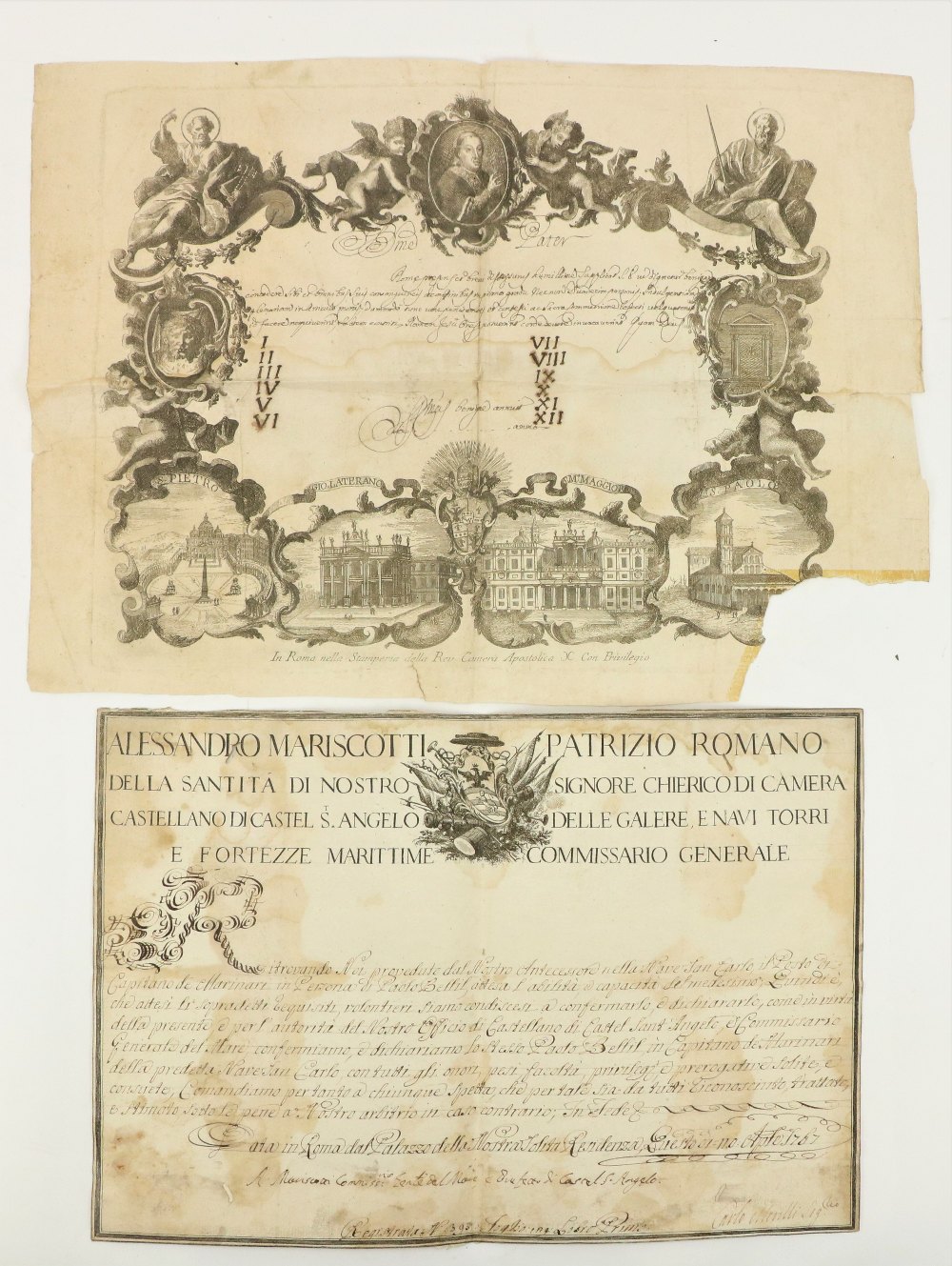 Two 18th Century Italian Certificates Documents: A. Engraved plate measuring 37 cms x 50 cms