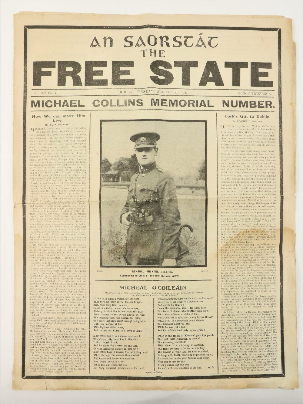 [Collins (Michael)] An Saorstat - The Free State, No. 28, Vol. I Dublin, Tuesday August 29, 1922,