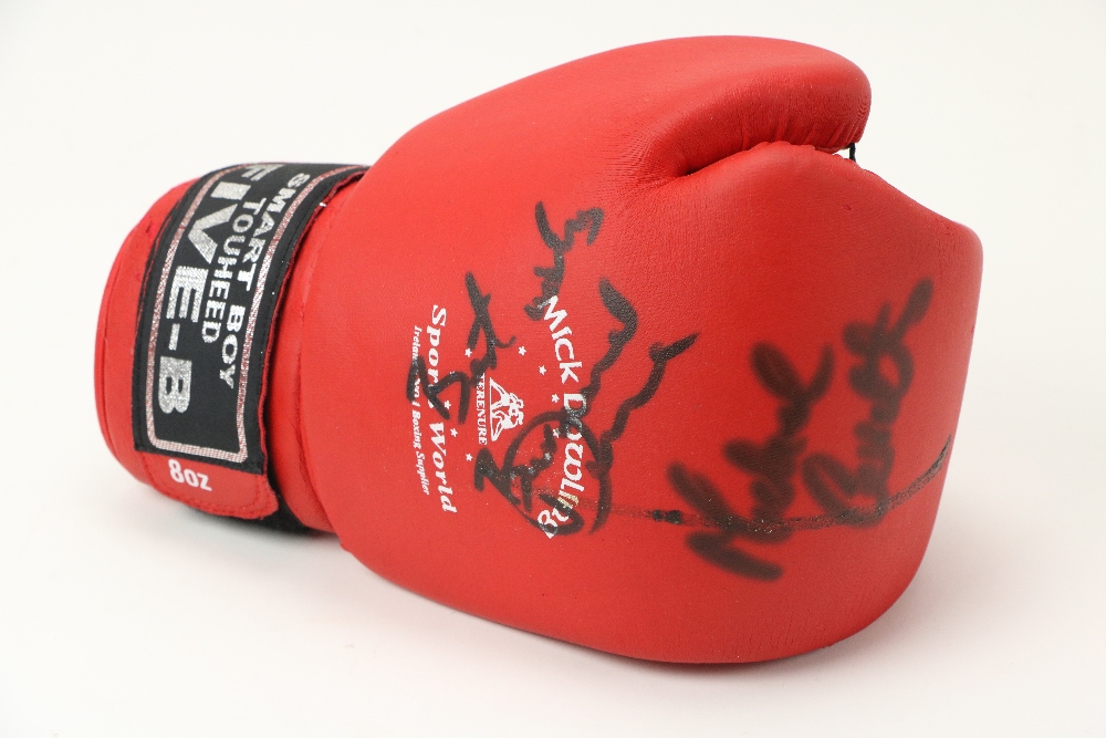 Signed by Carruth & Dunne Boxing: An 8 ounces Sunset Boy Touched Five B Glove, coloured red,