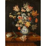 Jacob Marrel (1613/1681) "Natura morta di fiori vari in vaso orientale su balaustra, con lucertola"