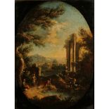 Scuola genovese del secolo XVIII “Coppia paesaggi con ruderi e figure” - Genoese school of the eight