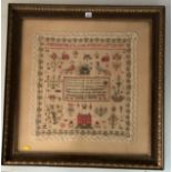 Sampler by Jane Emsley 1835, 21” x 22”, frame 31” x 32”