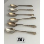 6 embossed silver teaspoons, total w: 2.7 ozt