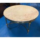 Round marble top occasional table with gilt legs. 31.5” diameter x 16” high.