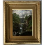 Oil on canvas by William Mellor, waterfall scene. Image 13” x 17”, frame 24” x 29”