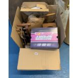 Box of spinning wheel parts and accessories