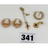 Pair of 9k earrings, 2 x 9k odd earrings and 9ct cross on chain. Total W: 4.1g