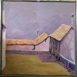 Large modern oil on canvas of buildings, signed. Image 39” square, frame 41” square