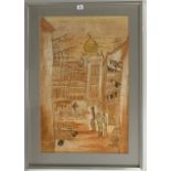 Signed picture on fabric of Jerusalem, 1982. Image 19” x 29”, frame 25” x 35.5”