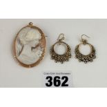 9k cameo brooch and pair of dress earrings. 2”, Total W: 10.6g