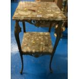 Onyx and gilt occasional table with metal legs. 15” square x 30” high.