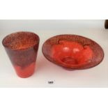 Red glass vase 7.5” high and matching bowl 12” diameter x 4.5” high, signed underneath