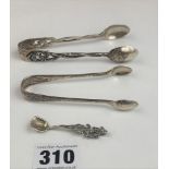 2 pairs of silver sugar tongs and miniature salt spoon, total w: 1.4 ozt