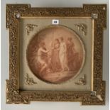 Round stipple print ‘Judgement of Paris’. Image 11” diameter, frame 19.5” square. Frame damaged