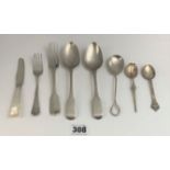 Assorted silver cutlery including 1 knife, 2 forks, 2 tablespoons, sugar spoon and 2 teaspoons,