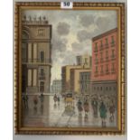 Oil on board by B. Ciappa, street scene. Image 10” x 12”, frame 11.5” x 14”