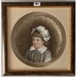 Framed handpainted ceramic plate with portrait of girl signed Ellen Mallam, plate 9.5” diameter,