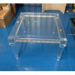 Perspex square occasional table with glass middle. 23.5” square and 15” high.