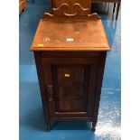 Mahogany bedside cupboard. Marked on top. 15” x 15” x 30” high.