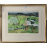 Gouache by Trevor Stubley ‘Landscape Near Moffat’, image 20” x 14”, frame 30” x 25”