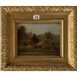 Oil painting on board, cottages, signed E. B?.1900. Image 9” x 7”, frame 15” x 13”