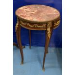 Marble top mahogany Ormolu round plant stand, marble cracked, 30” high x 18” diameter.