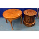 Round walnut occasional table. Marked. 23” dia x 18” high and round pedestal table. 16” dia x 19”