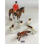 Beswick hunting scene including 5 hounds, fox (with repaired leg) and huntsman on horse