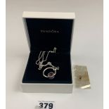 Boxed Pandora necklace and ring pendant and 3 gold links. Chain 24”, pendant 1.5”