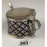 Silver condiment pot with silver spoon and blue glass liner, 4” diameter x 3” high. Total weight