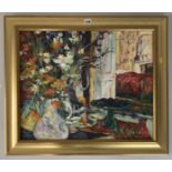 Oil of interior scene by S.M.Jones, image 24” x 19.5”, frame 30” x 25.5”
