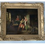 Oil on canvas, Scottish room scene. Image 23.5” x 19.5”, frame 32” x 28”. Repair to canvas