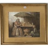 Watercolour by Basil Kinson, woman and girl at market stall. Image 18.5” x 15”, frame 27.5” x 23.5”