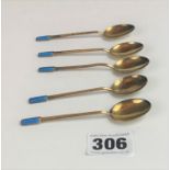 5 enamel topped silver coffee spoons, total w: 1.3 ozt