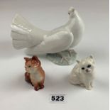 Signed Lladro dove 7” long x 5.5” high and 2 Beswick cats