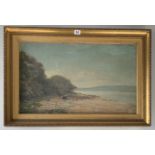 Oil on canvas, signed, beach scene. Image 25” x 15”, frame 31” x 21”