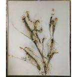 Large modern oil on canvas of flowers, unsigned. Image 39.5” x 47.5”, frame 40.5” x 48.5”