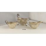 3 silver sauce boats, largest 6” long x 3.5” high, pair 4.5” long x 2” high, total w: 4ozt