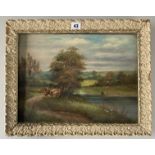 Oil on canvas signed G. Willans, cattle and fisherman on river. Image 16” x 12”, frame 19” x 15”.