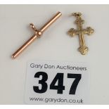 9k gold T-bar and 9ct gold cross pendant. Cross 1”, Total W: 3.1g