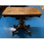 Walnut turnover top table. Pedestal base. Damaged to top. 37” long x 18” closed x29” high. 36” open.