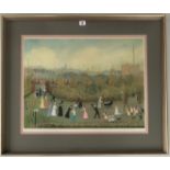 Signed print by Helen Bradley, park scene, with Headrow Gallery label. Image 23.5” x 17.5”, frame