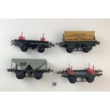 Hornby ‘O’ gauge hopper wagon,2 lumber wagons and side tipping wagon