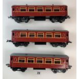 3 x Hornby ‘O’ gauge 8w LMS saloon coaches, restored 1950