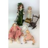 6 Mixed dolls and musical rocking chair- German Doll JDK (leg off) 19” high, Doll on musical