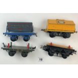 Hornby ‘O’ gauge Portland cement wagon, timber wagon, side tipping wagon and lumber wagon